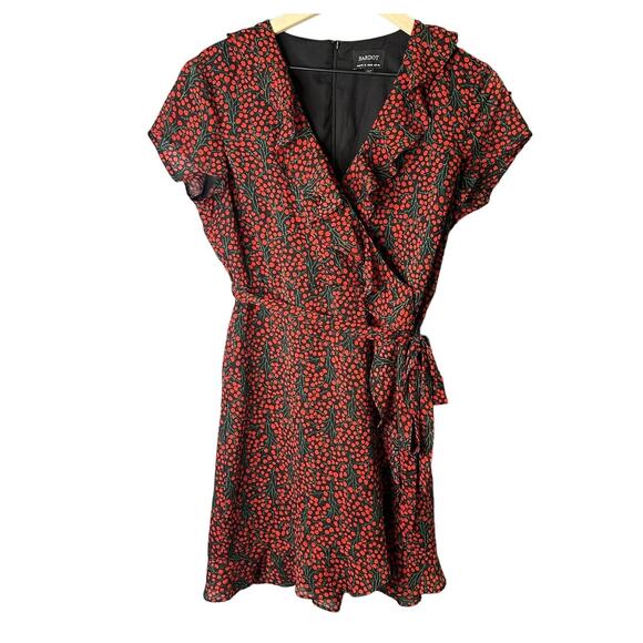 Bardot Womens‎ Cherry Print Wrap Dress Size 8 Red Fit Flare Short Sleeve Retro - Picture 1 of 11